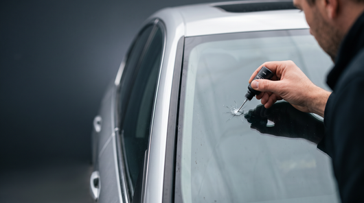 Applying HOOVER GlassFix resin to a stone chip on a car windshield