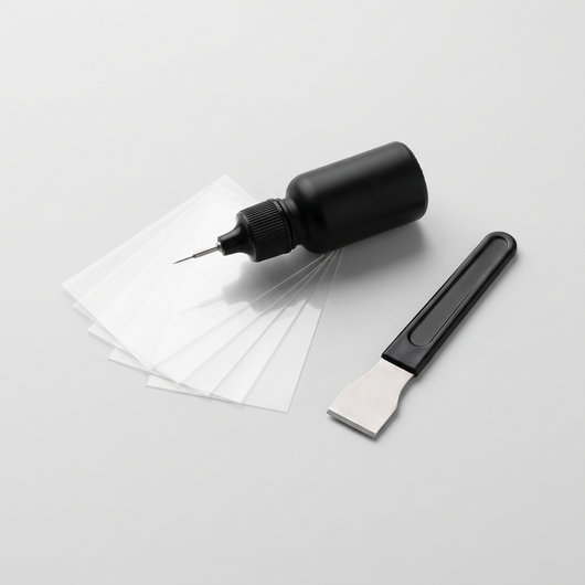 HOOVER GlassFix windshield repair kit: resin applicator, curing films and razor blade